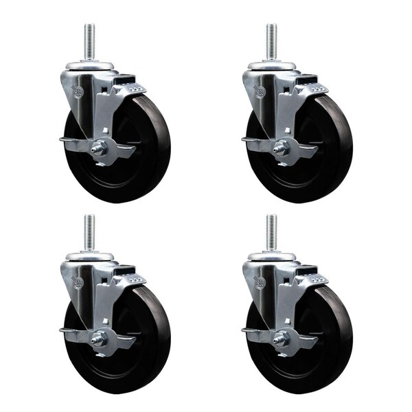 Service Caster 5 Inch Soft Rubber Wheel Swivel 58 Inch Threaded Stem Caster Set with Brake SCC SCC-TS20S514-SRS-TLB-58212-4 - main